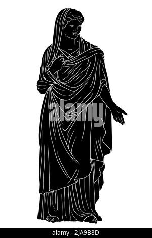 Une ancienne jeune femme grecque dans une tunique et cape stands et gestes. Illustration de Vecteur