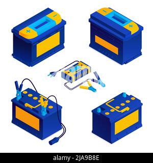 Kit de câbles de connexion de démarrage d'urgence à l'aide d'une pince pour batterie de voiture bleue Isométrique jeu d'illustrations vectorielles isolées Illustration de Vecteur