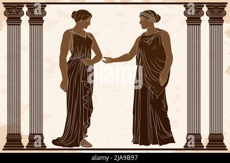 Deux anciennes femmes grecques en tuniques se tiennent dans le temple entre deux colonnes et parlent. Illustration de Vecteur