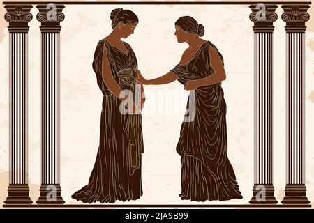 Deux jeunes femmes grecques anciennes en tuniques se trouvent dans le temple entre les colonnes et les discussions. Illustration de Vecteur