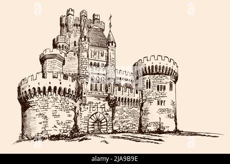Château médiéval en pierre avec tours sur la plaine. Illustration de Vecteur