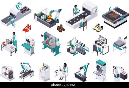 Chaussure production chaussures composition isométrique avec icônes isolées des installations de l'usine avec travailleurs et produits prêts à l'emploi illustration vectorielle Illustration de Vecteur