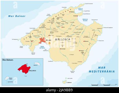 Carte vectorielle de l'île méditerranéenne espagnole de Majorque Banque D'Images