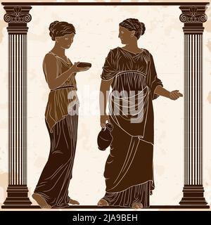 Deux anciennes femmes grecques en tuniques avec une carafe et un bol entre leurs mains se tiennent dans le temple entre deux colonnes. Illustration de Vecteur