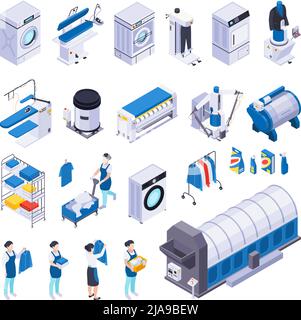Ensemble de lavage de linge d'icônes isométriques avec caractères humains isolés lave-linge détergents et tableaux de jupe illustration vectorielle Illustration de Vecteur