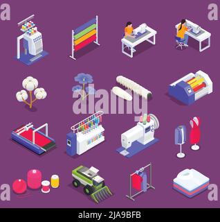 Les icônes isométriques de l'industrie du textile et de la filature définissent une illustration vectorielle isolée Illustration de Vecteur