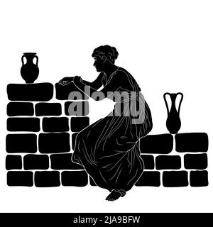 Une jeune femme grecque ancienne est assise sur un parapet en pierre avec deux cruches de vin. Illustration de Vecteur