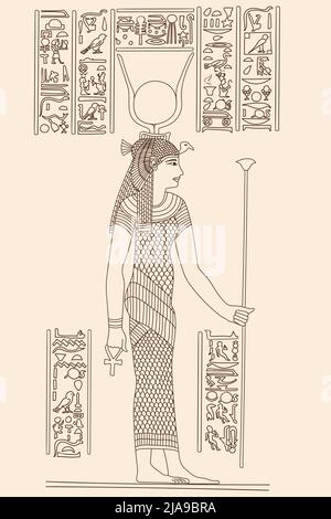 Un papyrus égyptien antique représentant une jeune femme tenant un sceptre entre ses mains. Hiéroglyphes signes et symboles sur le mur. Illustration de Vecteur