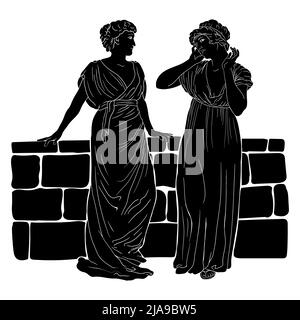 Deux anciennes femmes grecques en tuniques est debout près du parapet de pierre et de parler. Image vectorielle isolée sur fond blanc. Illustration de Vecteur