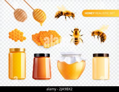 Ensemble réaliste au miel avec des images isolées d'abeilles avec des peignes et des boîtes de verre remplies de l'illustration du vecteur de miel Illustration de Vecteur