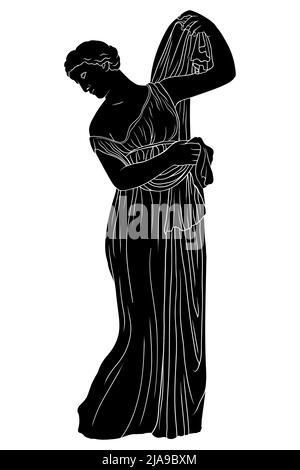 Une jeune femme grecque ancienne dans une tunique se tient et met sur un cap. Figure isolée sur fond blanc. Illustration de Vecteur