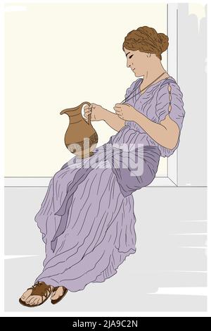 Une jeune femme grecque ancienne est assise sur un parapet en pierre et tient une carafe de vin dans sa main. Illustration de Vecteur