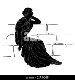 Une jeune femme grecque dans une tunique est assise sur un parapet en pierre et regarde loin. Illustration de Vecteur