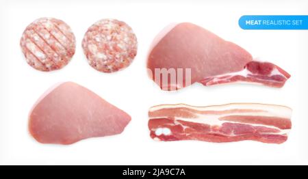 Ensemble de viande réaliste avec des images isolées de produits de viande saucisse tranches steaks bacon et texte modifiable illustration vectorielle Illustration de Vecteur