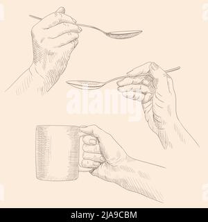 Les mains des femmes tiennent une tasse à couverts et une cuillère. Dessinez au crayon sur un arrière-plan beige. Illustration de Vecteur