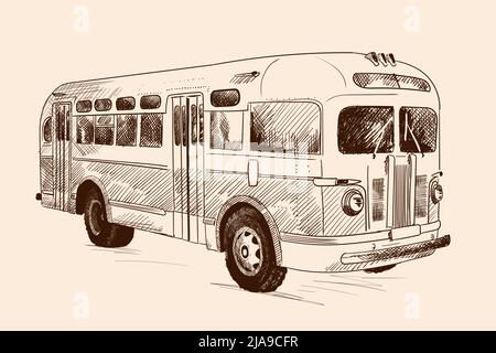 Bus vintage. Dessinez au crayon sur un arrière-plan beige. Illustration de Vecteur