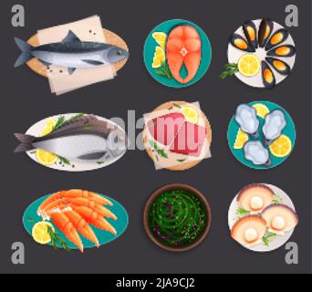 Ensemble d'icônes plates isolées de fruits de mer avec des images de plats servis avec des tranches de citron et illustration de vecteur de poisson Illustration de Vecteur