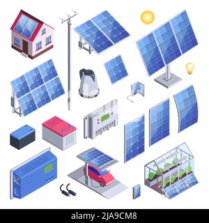 Énergie solaire jeu de couleurs de maison écologique et serre avec panneaux solaires contrôleur de compteur voiture électrique icônes isolées illustration vectorielle Illustration de Vecteur