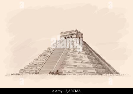Pyramide en pierre Aztec avec marches. Dessinez au crayon sur un arrière-plan beige. Illustration de Vecteur