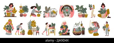 Accueil plantes gens ensemble avec des icônes isolées de fleurs dans des pots pour usage domestique avec des personnes illustration de vecteur Illustration de Vecteur