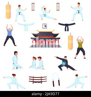 Arts martiaux couleur ensemble de personnes exécutant des exercices physiques et des pratiques spirituelles orientales isolé sur fond blanc illustration de vecteur plat Illustration de Vecteur