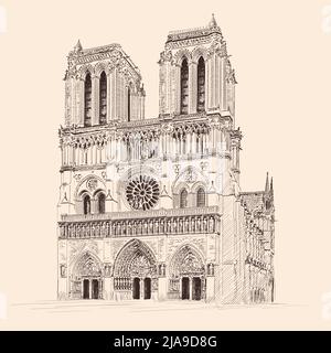 Cathédrale gothique catholique notre Dame de Paris à Paris France. Dessinez au crayon sur un arrière-plan beige. Illustration de Vecteur