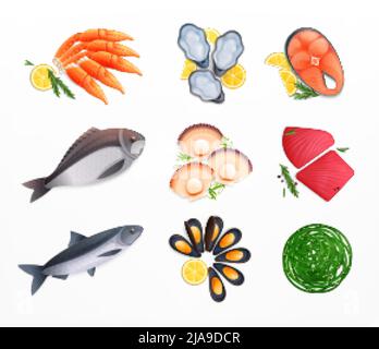 Ensemble d'icônes plates isolées de fruits de mer avec poissons mûrs et plats prêts à l'emploi avec illustration des algues et des citronniers Illustration de Vecteur