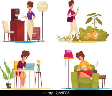 Quotidien routine 2x2 design concept ensemble de femmes personnages boire café marche avec chien lecture livre travail à distance plat compositions vecteur de dessin animé Illustration de Vecteur