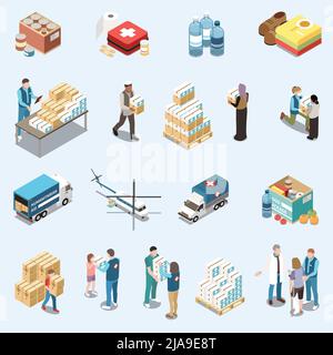 Aide humanitaire ensemble isométrique de volontaires et de véhicules livrant des vêtements de nourriture et des médicaments pour les besoins de base aux réfugiés et aux survivants dans le vecteur de guerre Illustration de Vecteur