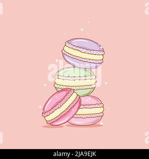 Pile de macaron coloré, gâteaux d'amande de macaron, illustration vectorielle de style esquisse . Pile, pile de macaron aux amandes colorées, biscuits au macaron, doux Illustration de Vecteur