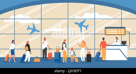 Composition de file d'attente avec silhouettes de paysage d'aéroport d'avions volants et de passagers avec des valises debout dans l'illustration vectorielle de ligne Illustration de Vecteur