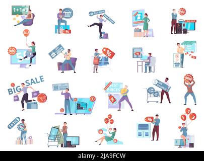 Vente personnes coupon ensemble d'icônes isolées plates et les personnages humains de shopping personnes achetant des marchandises illustration vectorielle Illustration de Vecteur