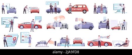 Location de voitures de partage ensemble d'icônes isolées plates avec des mains humaines signer l'accord à l'aide de l'illustration vectorielle de l'application de location Illustration de Vecteur