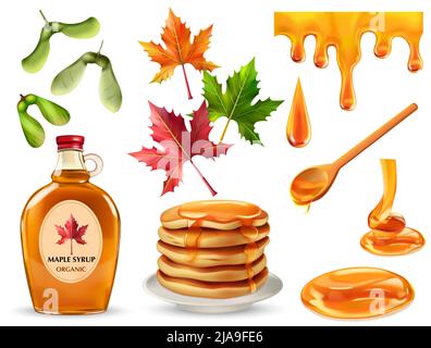 Ensemble de sirop d'érable avec crêpes isolées réalistes gouttes cuillère feuilles colorées graines de marque bouteille illustration vectorielle Illustration de Vecteur