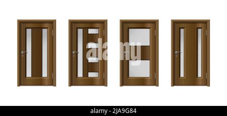 Porte jeu réaliste de quatre portes en bois isolées avec surface en bois marron et différentes configurations de fenêtre illustration vectorielle Illustration de Vecteur