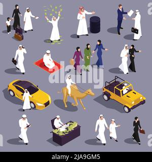 Musulmans arabes saudi moderne isométrique peuple ensemble d'icônes de richesse isolées avec des personnages de personnes riches illustration vectorielle Illustration de Vecteur