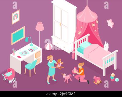 Deux filles jouant avec des jouets dans une pièce confortable avec intérieur mignon coloré 3D illustration vectorielle isométrique Illustration de Vecteur