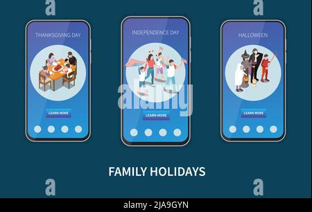 Fêtes de famille bannières smartphone modèles d'écran ensemble avec célébration de Thanksgiving jour de l'indépendance et halloween isométrique vecteur illu Illustration de Vecteur