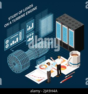 Composition de la technologie numérique bifilaire isométrique avec modèle virtuel 3D de moteur à turbine et chercheurs portant l'illustration vectorielle du casque vr Illustration de Vecteur