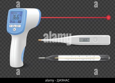 Équipement médical jeu réaliste de thermomètres numériques et à mercure sur fond transparent et illustration vectorielle isolée Illustration de Vecteur