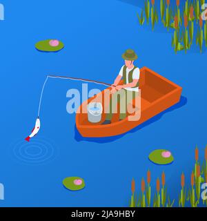 Homme appréciant son hobby pêche avec la canne sur la rivière ou l'étang 3D illustration vectorielle isométrique Illustration de Vecteur