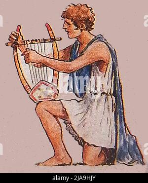 Illustration en couleur des années 1930 d'un musicien grec jouant une lyre Banque D'Images