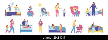 Les enfants dorment ensemble plat avec les parents et les bébés dans différentes situations avant d'aller au lit illustration vectorielle isolée Illustration de Vecteur