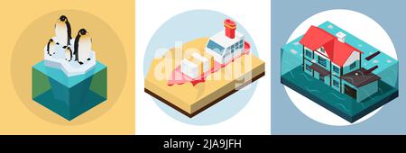 Ensemble de trois compositions rondes isolées sur le réchauffement climatique avec images isométriques de l'illustration vectorielle des pingouins de bateau en contrebas Illustration de Vecteur