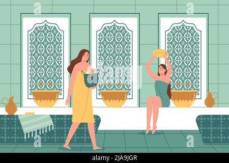 Deux femmes heureuses enveloppées de serviettes relaxantes dans le sauna ou le spa illustration vectorielle plate Illustration de Vecteur