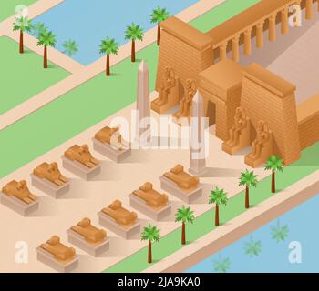 Symboles culturels de l'architecture égyptienne antique fond isométrique avec illustration du vecteur sphinx et pharaon Illustration de Vecteur