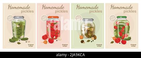 Cornichons maison affiche ensemble de champignons marinés cornichons concombres et tomates dans des pots en verre avec des bouchons à vis illustration vectorielle Illustration de Vecteur