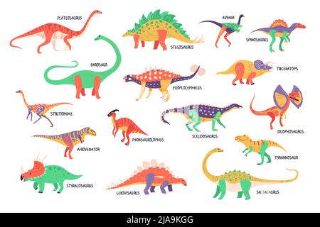 Dinosaures ensemble d'icônes colorées isolées de dinos avec queues ailes cornes et texte modifiable légendes illustration vectorielle Illustration de Vecteur