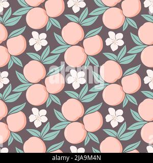 Motif feuilles et fleurs pêches sans couture. Magnifique fond floral fruité. Modèle à fleurs délicates et fruits. Imprimé pour textile, packagin Illustration de Vecteur