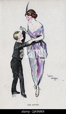 Portrait pastel intitulé The Nipper, jeune garçon d'école dansant avec une dame de classe supérieure, du côté plus léger de la vie scolaire par Ian Hay (Foulis, 1914) illustré par Lewis Baumer Banque D'Images